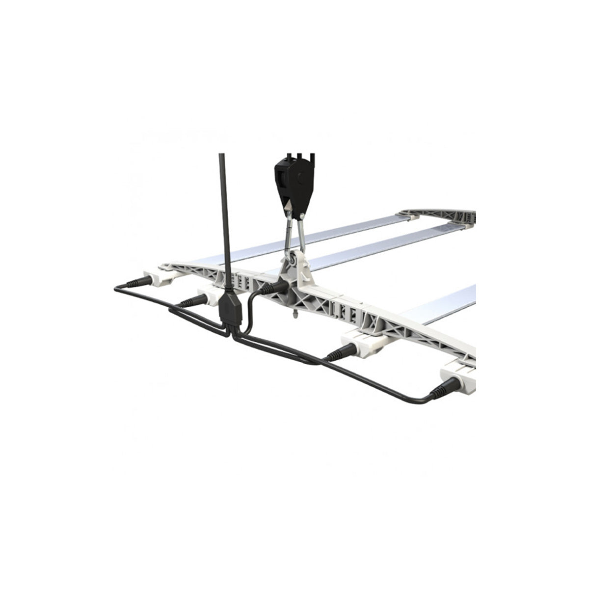 Netzteil mit Aufhängung von der Marke Secret Jardin Cosmorrow mit fünf Anschlüssen, befestigbar an der Decke, Karabinerhaken.