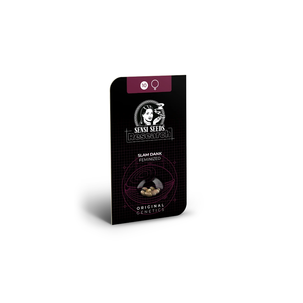 Produktverpackung Slam Dank feminized Seeds von Sensi Seed. Schwarze Verpackung mit dem Logo von Sensi Seeds.