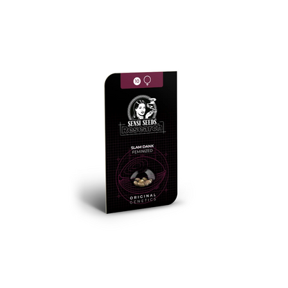 Produktverpackung Slam Dank feminized Seeds von Sensi Seed. Schwarze Verpackung mit dem Logo von Sensi Seeds.