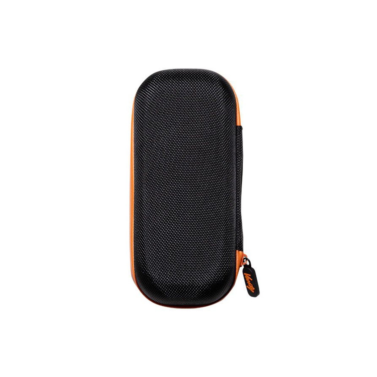 Ansicht der Rückseite von der Storz und Bickel Schutzhülle mit Reißverschluss für den Venty Vaporizer. Schwarze Hartschalenhülle mit orangenen Rändern.