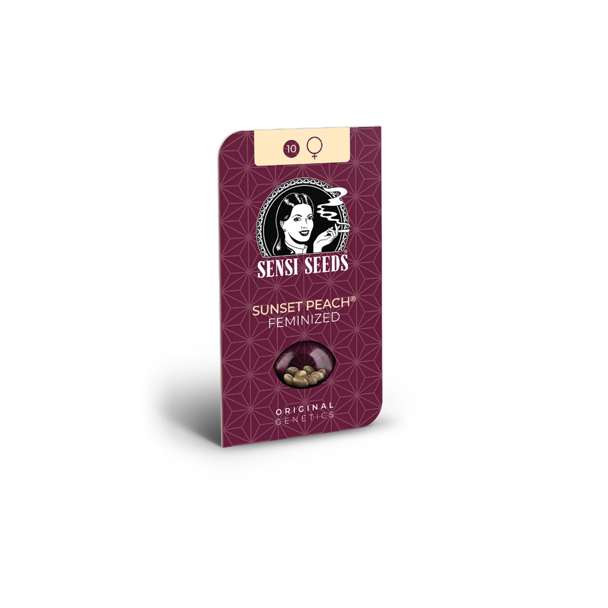 Sensi Seeds Sunset Peach feminisierte Hanfsamen in einer dunkelroten Verpackung mit dem Sensi Seeds Logo oben zentriert, darunter abgebildet Hanfsamen, vor einem weißen Hintergrund.