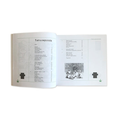 Ungarische Ausgabe vom Buch Sinsemilla unter Kunstlicht vom Nachtschatten Verlag, verfasst von RUNA. Das Buch ist aufgeklappt und sichtbar ist das Inhaltsverzeichnis. Das Produkt ist auf einem weißen Hintergrund.