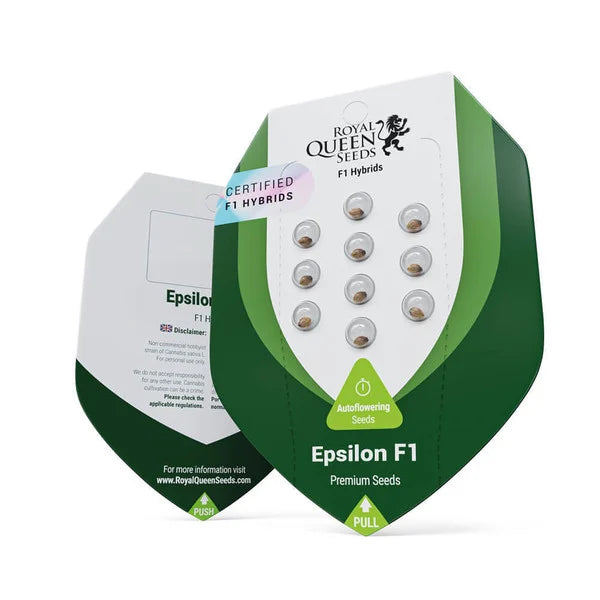 Epsilon F1 Hybrid Cannabissamen von Royal Queen Seeds in die Verpackung