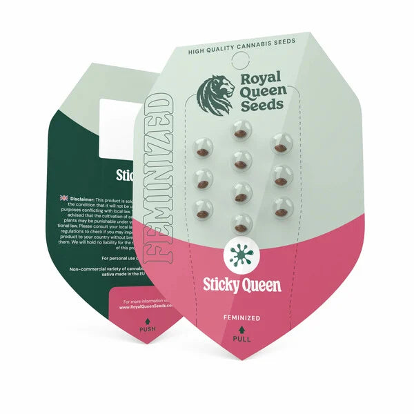 Sticky Queen feminisierte Cannabis Samen in Verpackung von Royal Queen Seeds